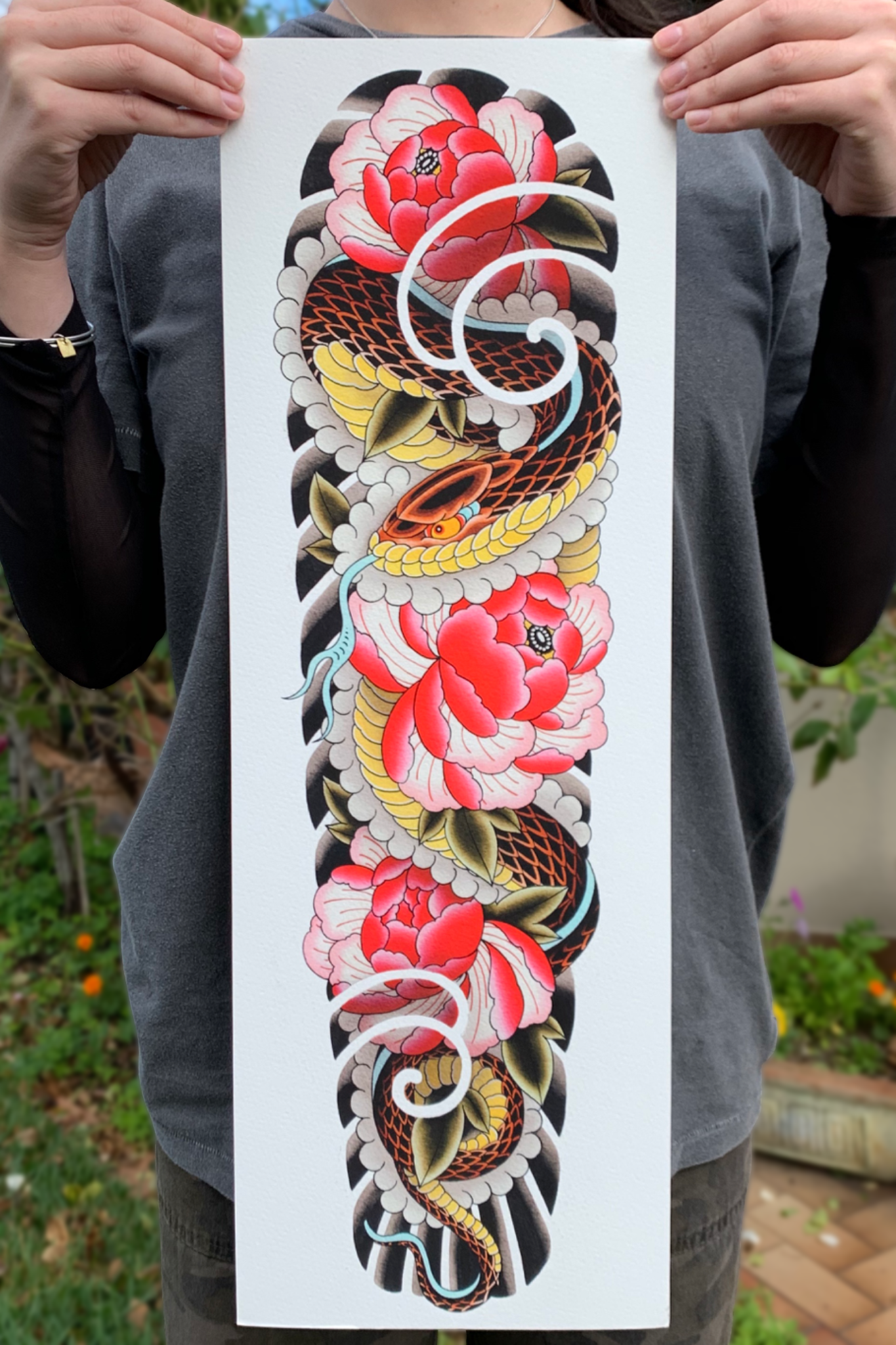 Snake Sleeve with Red Peonies